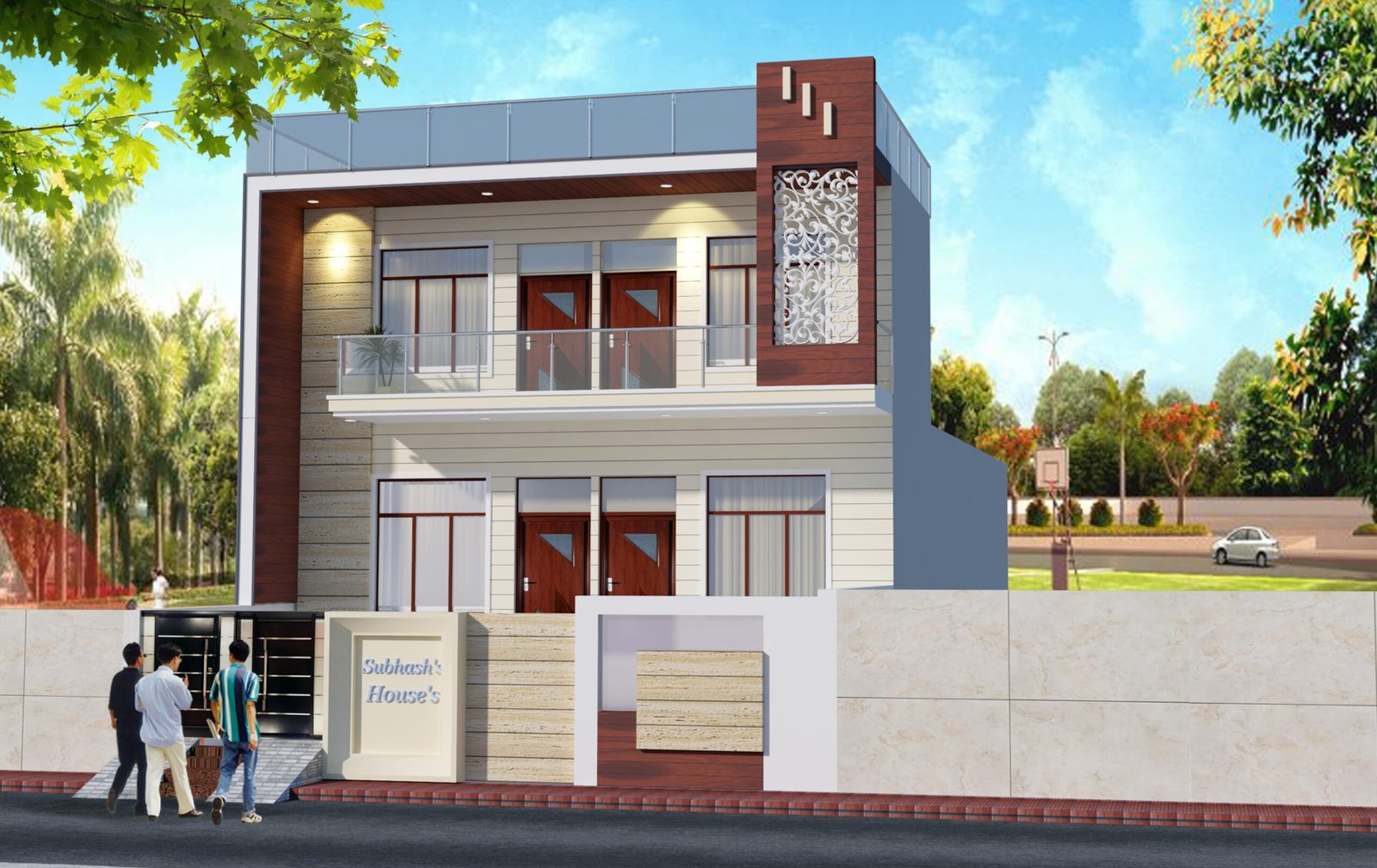 FRONT ELEVATION DESIGN SINGLE SIDE OPEN 33′ WIDE FRONT 2 STOREY BUILDING