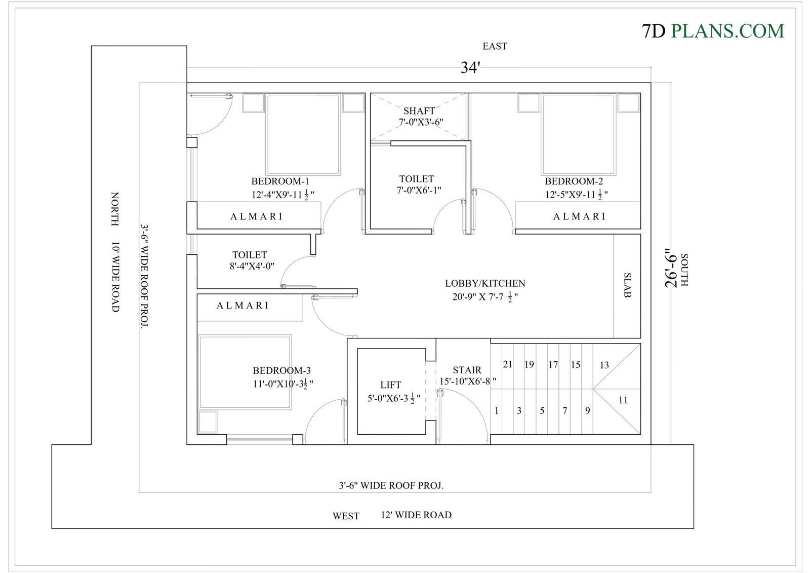HOUSE PLAN OF 34 FEET BY 26 FEET 6 INCH 34’X26′-6” 100 SQUARE YARDS PLOT 2 SIDE OPEN WEST FACING