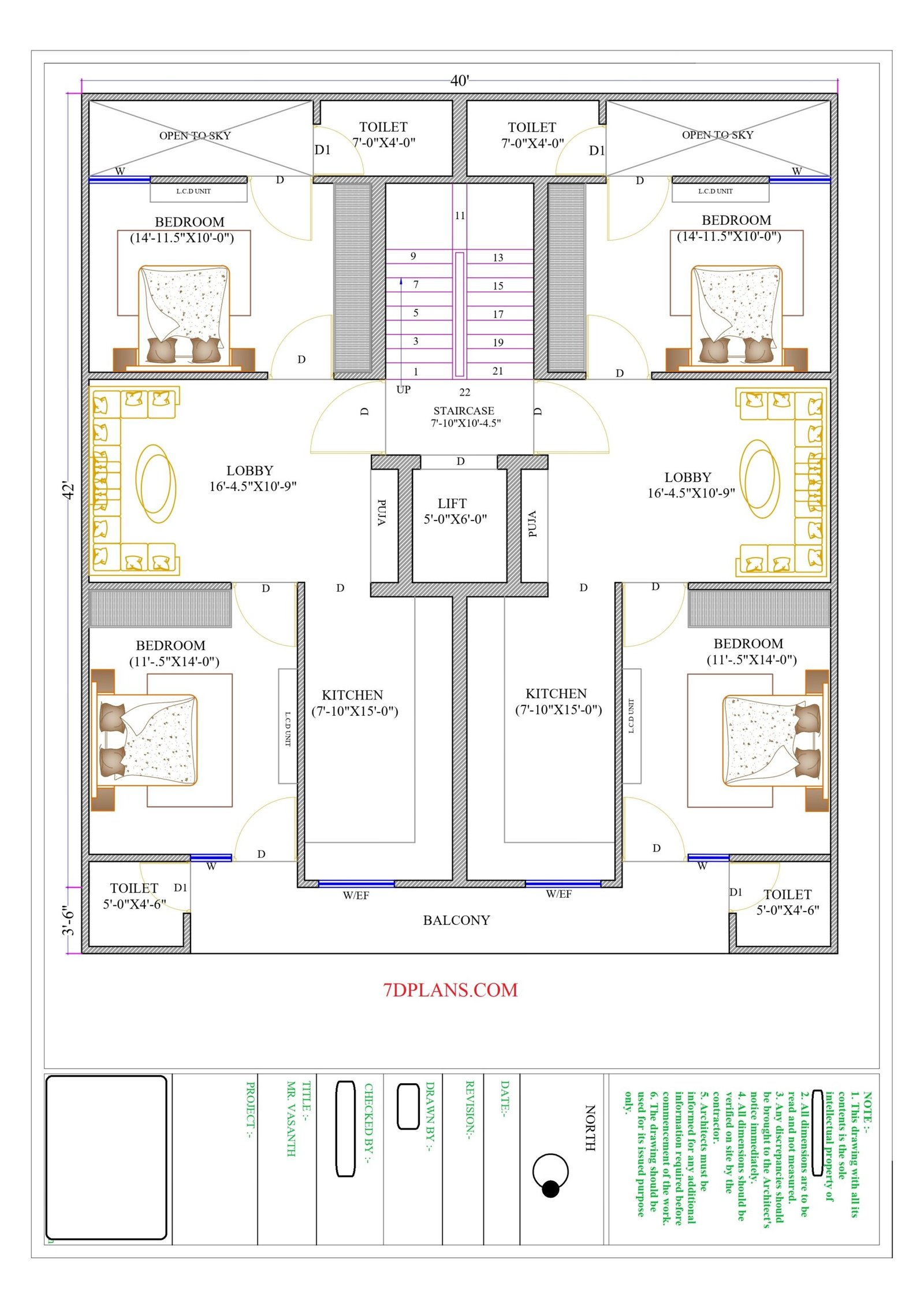 HOUSE PLAN OF PLOT SIZE 40 FEET BY 42 FEET – 40’X42′ – 187 SQUARE YARDS  FLOOR PLAN