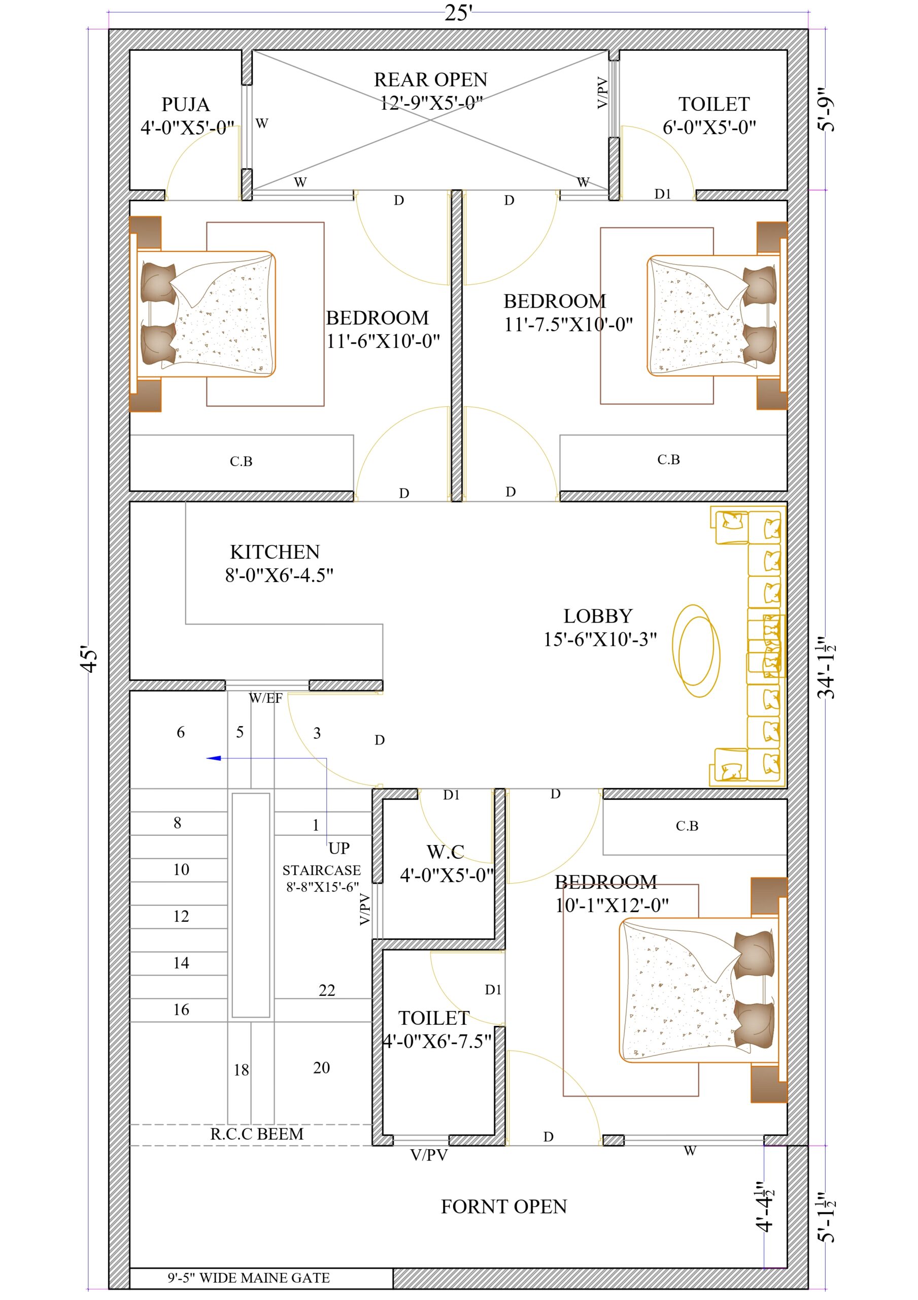 HOUSE PLAN OF SIZE 25 FEET BY 45 FEET (25X45) 125 SQUARE YARDS WEST FACING LAYOUT PLAN