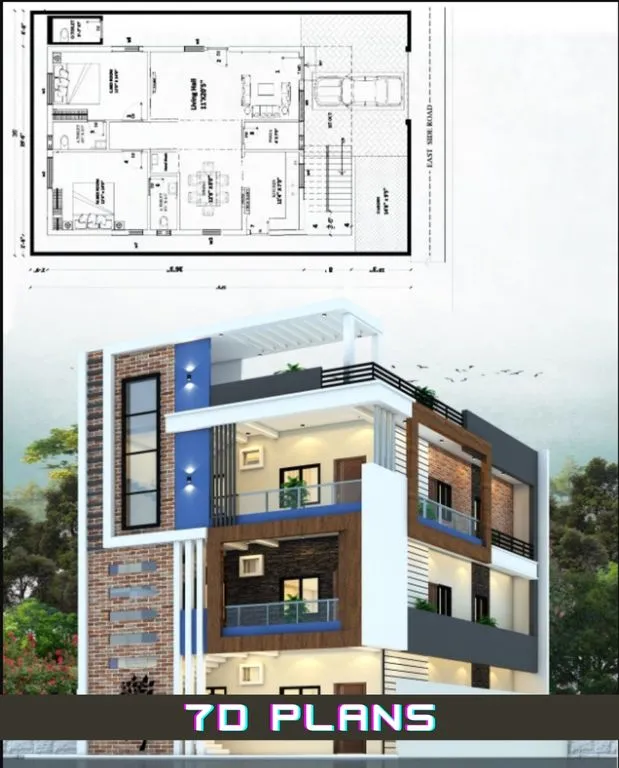 East Facing House Elevation Double Floor 7D Plans 600 sq ft house plans 2 bedroom 3d